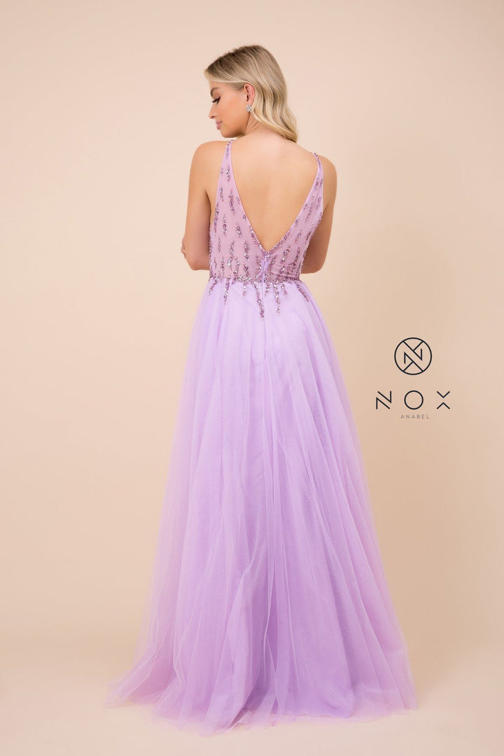 Long V-Neck Tulle Dress with Beaded Bodice by Nox Anabel J324