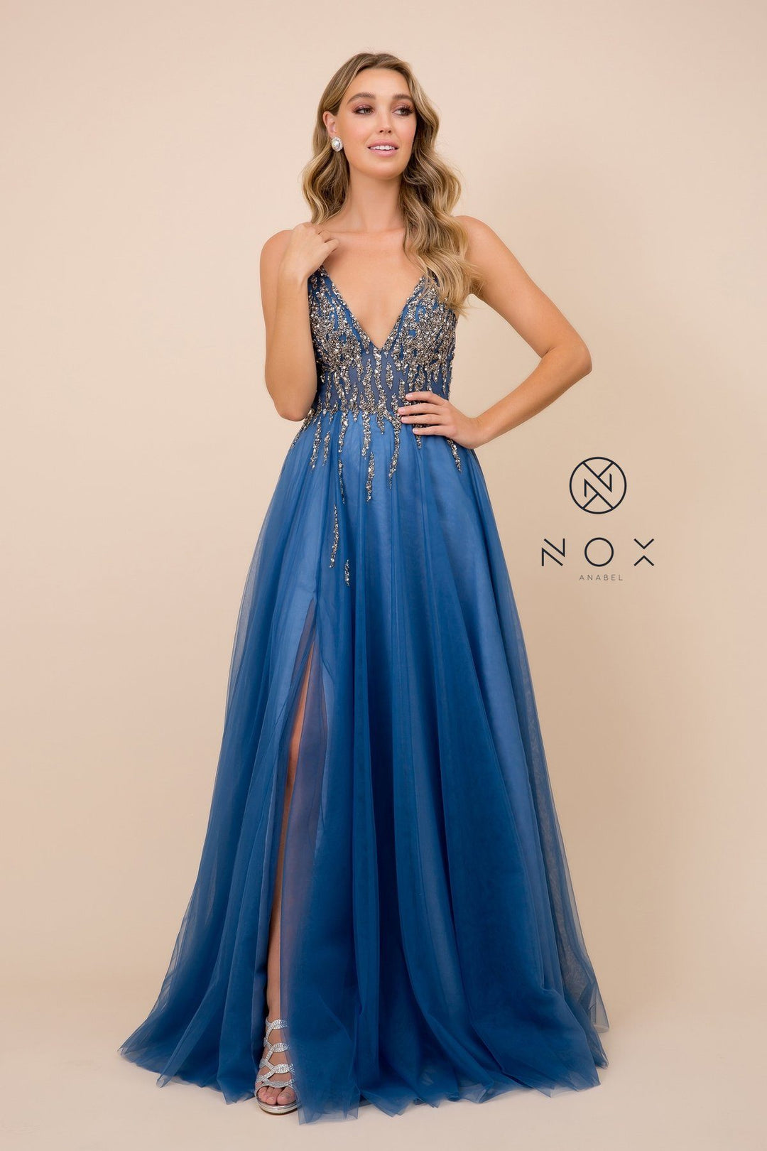 Long V-Neck Tulle Dress with Beaded Bodice by Nox Anabel J324