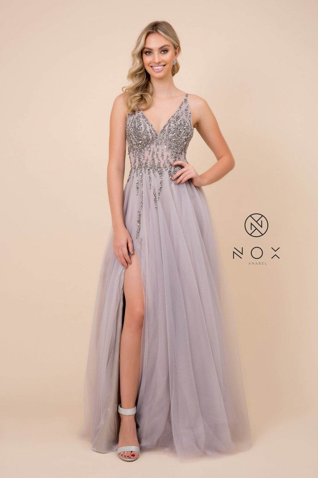 Long V-Neck Tulle Dress with Beaded Bodice by Nox Anabel J324