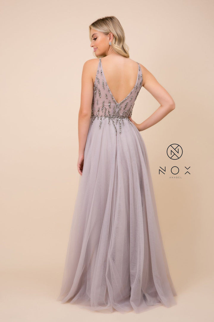 Long V-Neck Tulle Dress with Beaded Bodice by Nox Anabel J324