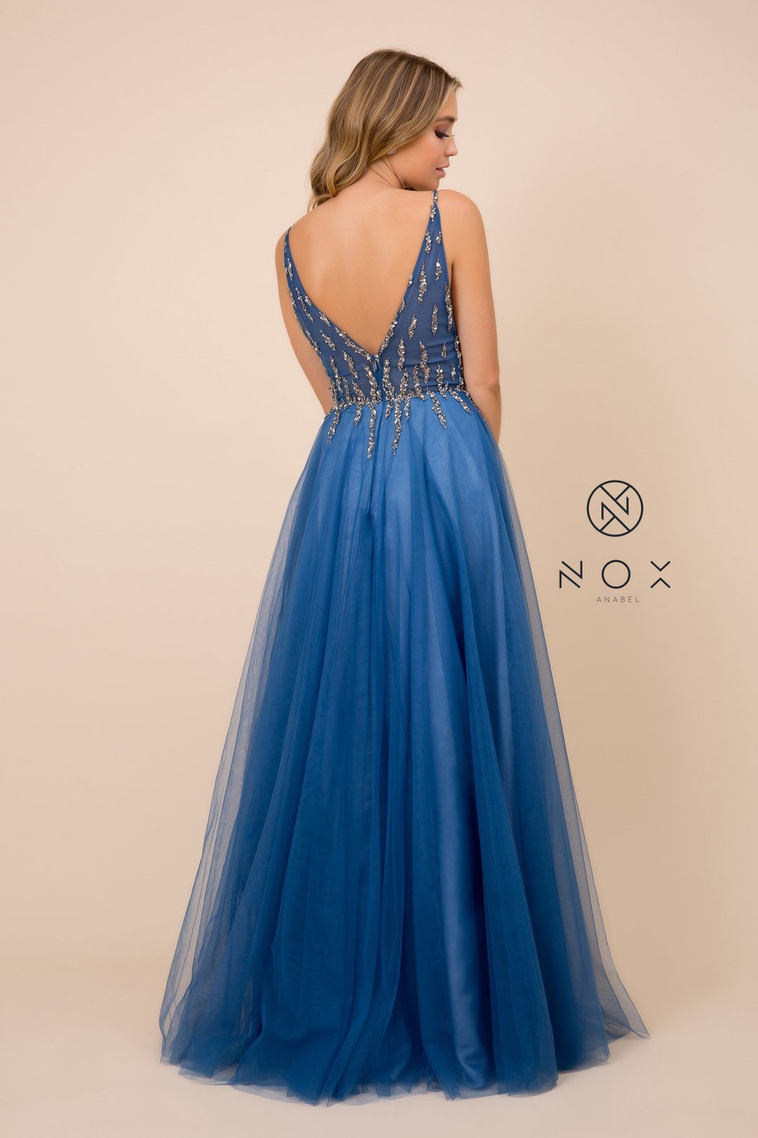 Long V-Neck Tulle Dress with Beaded Bodice by Nox Anabel J324
