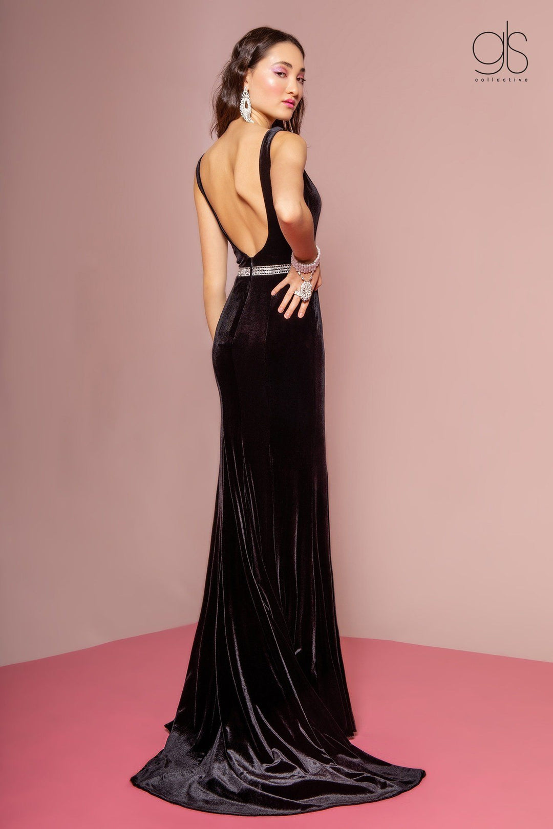 Long V-Neck Velvet Dress with Open Back by Elizabeth K GL2559-Long Formal Dresses-ABC Fashion