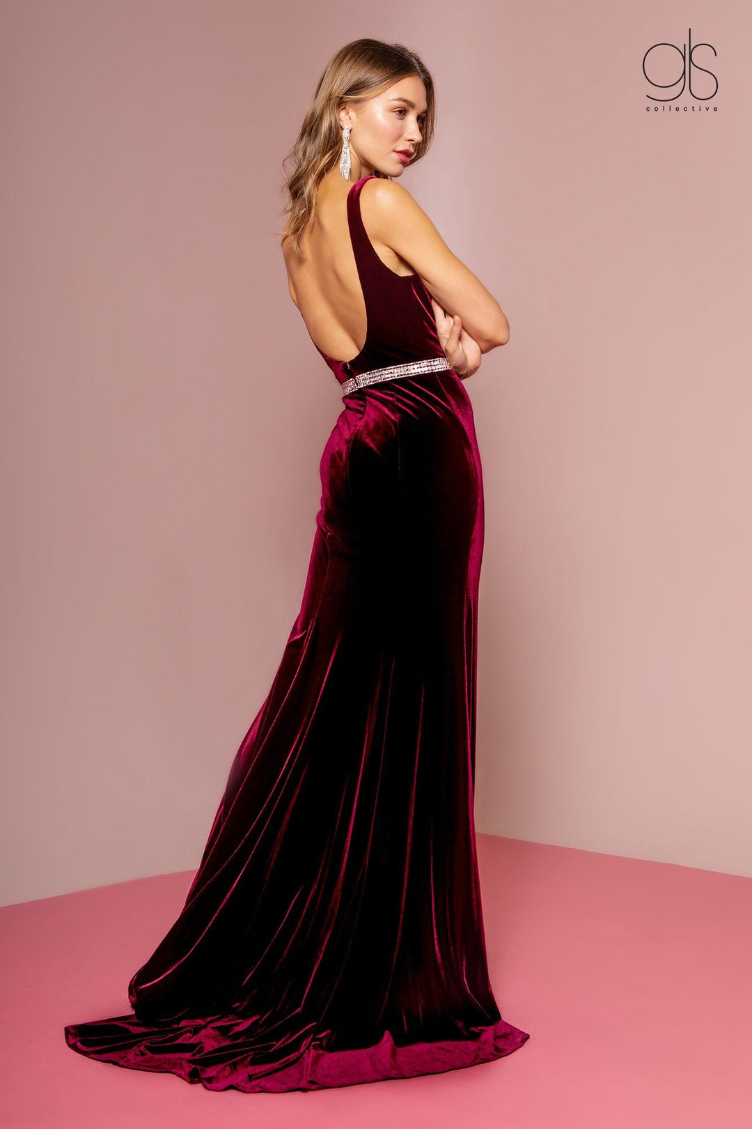 Long V-Neck Velvet Dress with Open Back by Elizabeth K GL2559-Long Formal Dresses-ABC Fashion