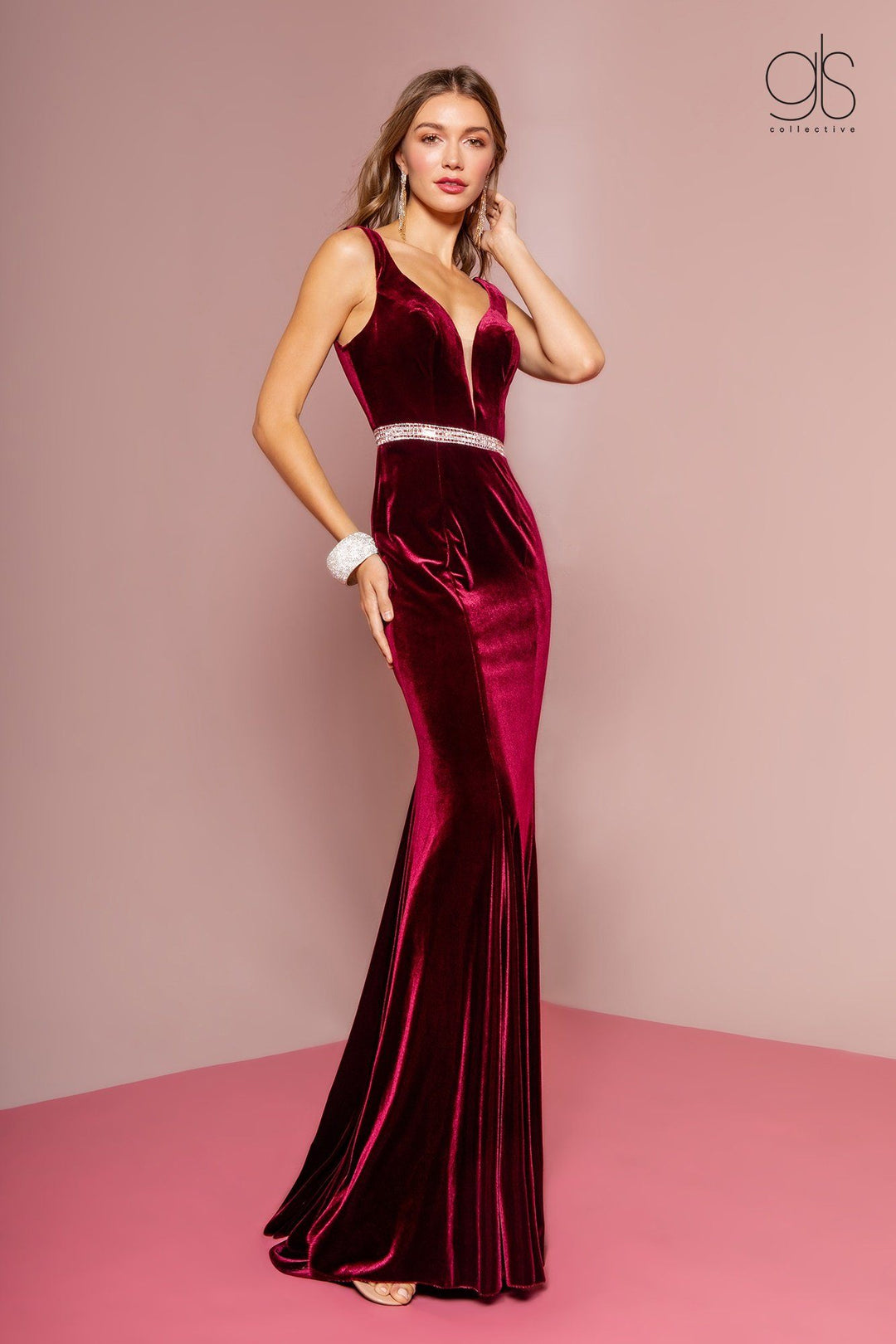 Long V-Neck Velvet Dress with Open Back by Elizabeth K GL2559-Long Formal Dresses-ABC Fashion