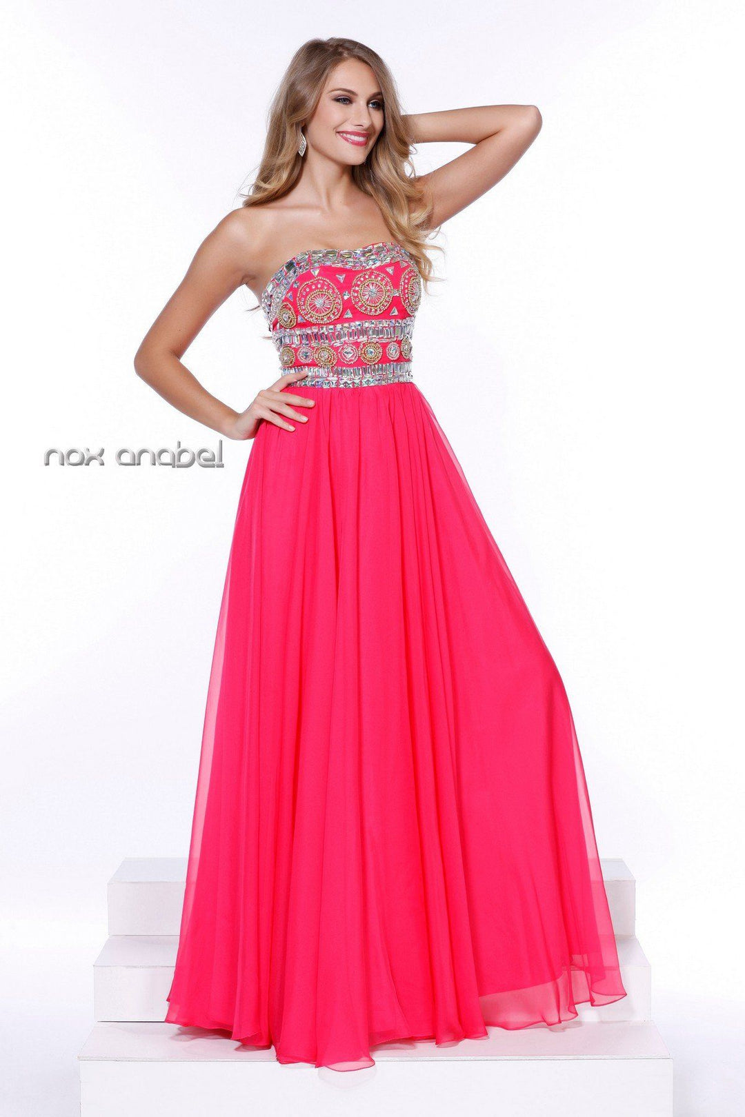 Lovely Long Strapless Beaded Dress by Nox Anabel 8153-Long Formal Dresses-ABC Fashion