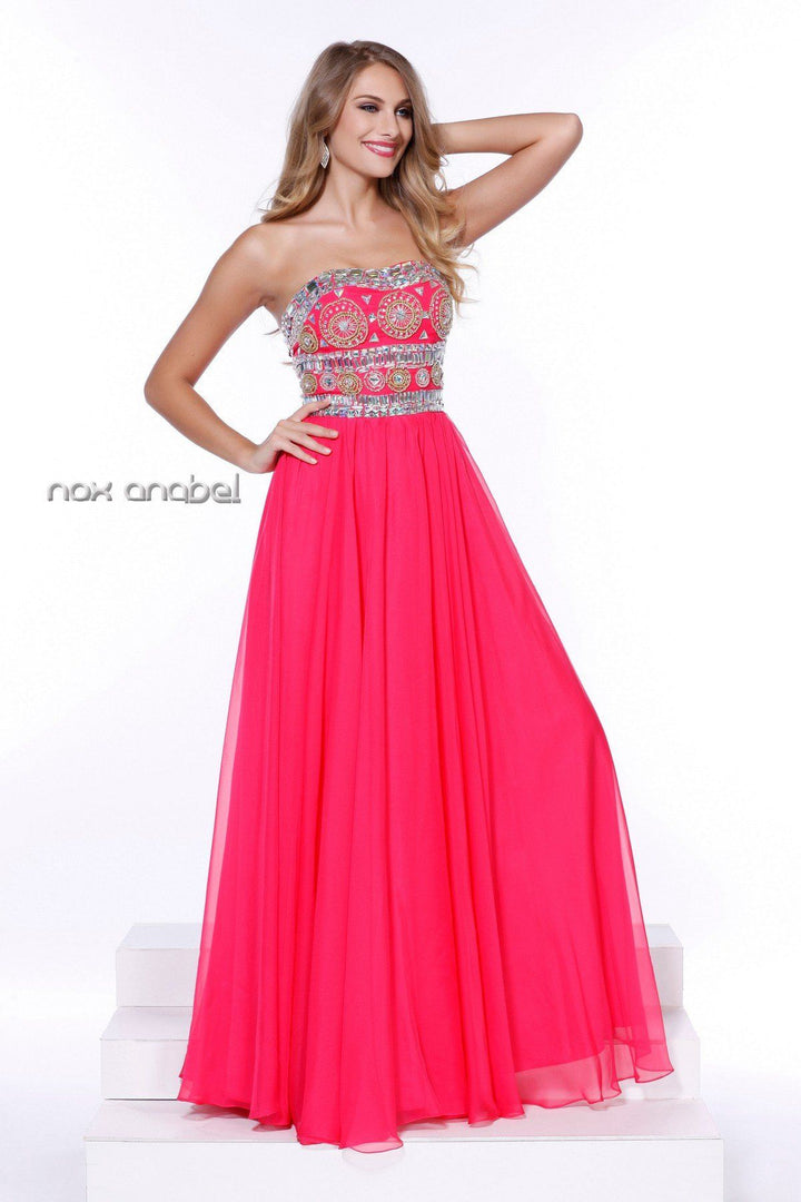 Lovely Long Strapless Beaded Dress by Nox Anabel 8153-Long Formal Dresses-ABC Fashion