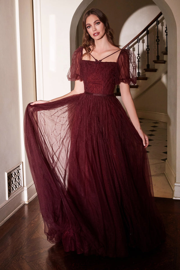 Maroon Puff Sleeve Gown by Cinderella Divine B712