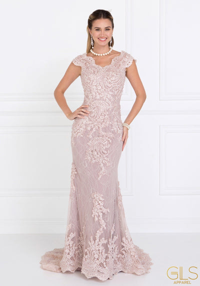 Mauve Cap Sleeve Lace Mermaid Gown by Elizabeth K GL1540-Long Formal Dresses-ABC Fashion