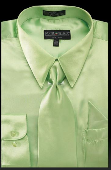 Men's Apple Green Satin Dress Shirt with Tie & Handkerchief-Men's Dress Shirts-ABC Fashion