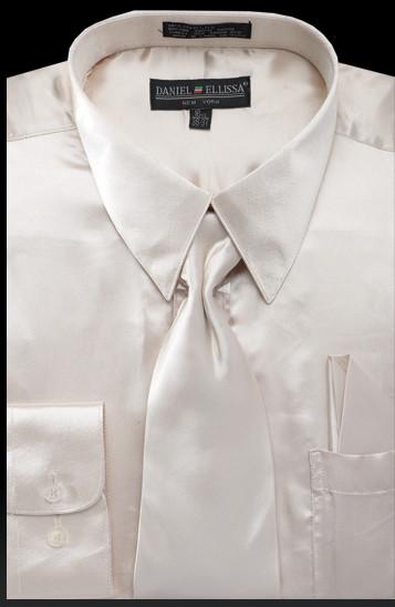 Men's Beige Satin Dress Shirt with Tie & Handkerchief-Men's Dress Shirts-ABC Fashion