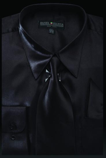 Men's Black Satin Dress Shirt with Tie & Handkerchief-Men's Dress Shirts-ABC Fashion