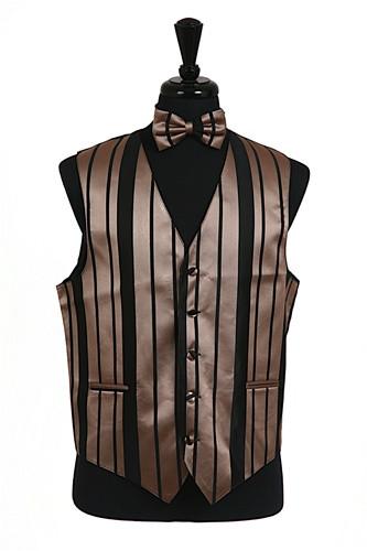 Men's Black/Mocha Striped Vest with Neck Tie and Bow Tie-Men's Vests-ABC Fashion