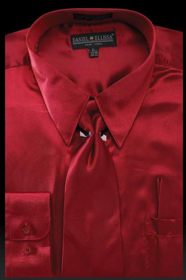 Men's Burgundy Satin Dress Shirt with Tie & Handkerchief-Men's Dress Shirts-ABC Fashion