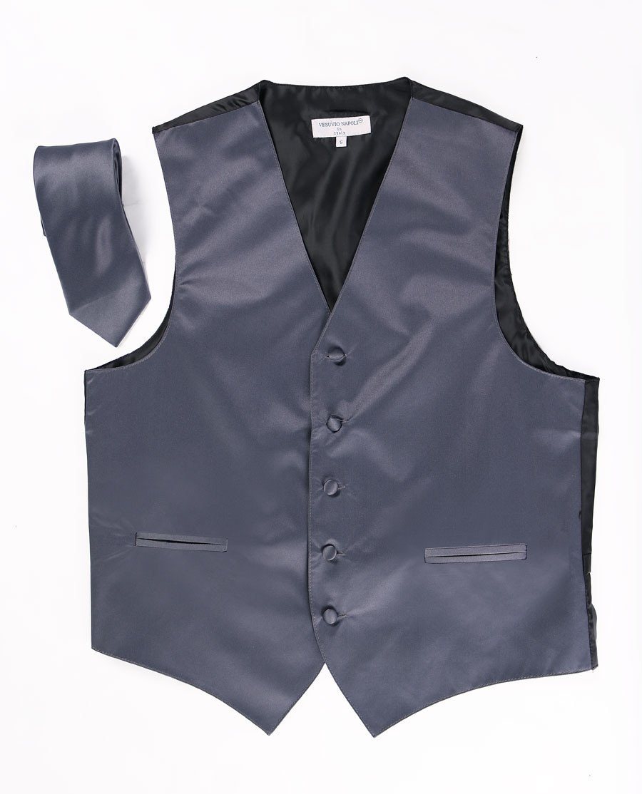 Men's Charcoal Satin Vest with Necktie-Men's Vests-ABC Fashion