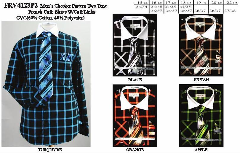 Men's Checkered Black Dress Shirts with Tie, Hanky, Cufflinks-Men's Dress Shirts-ABC Fashion