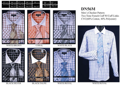 Men's Checkered Dress Shirts with Tie, Hanky, Cufflinks-Men's Dress Shirts-ABC Fashion