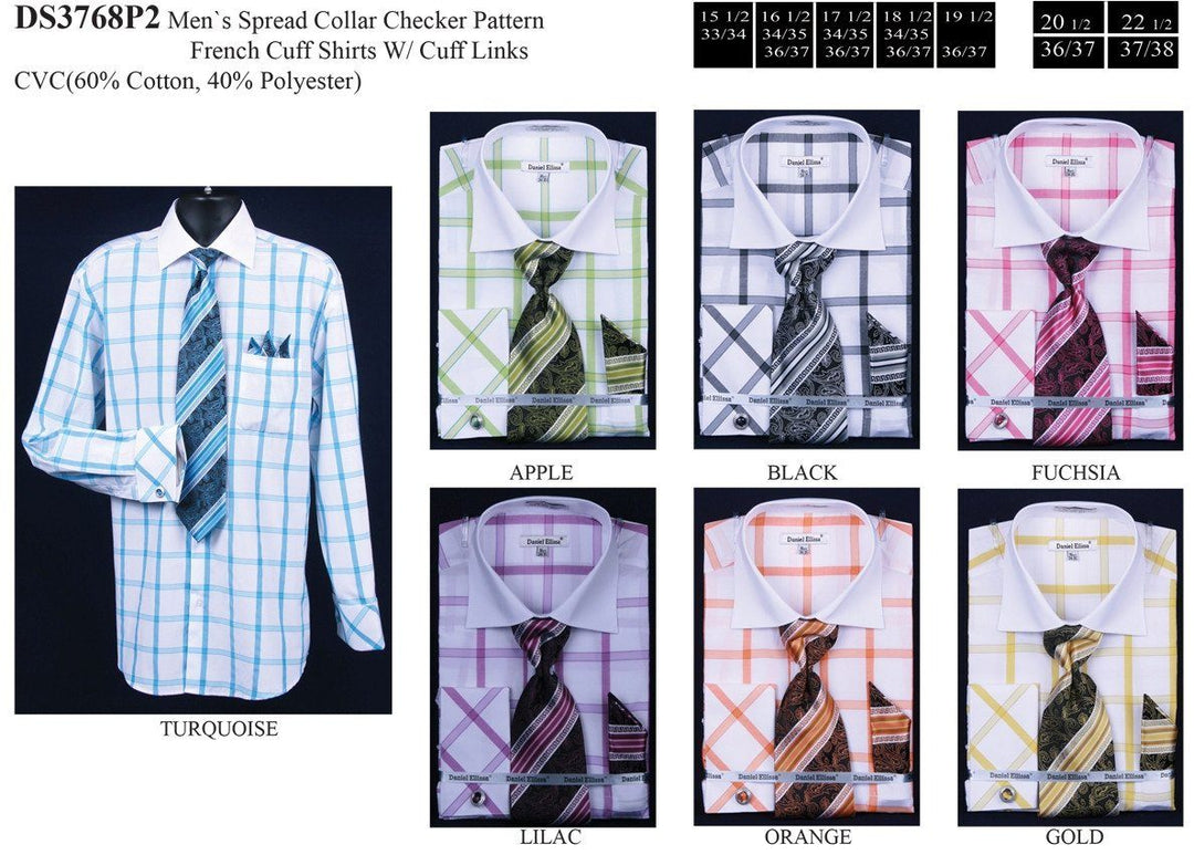 Men's Checkered Spread Collar Dress Shirts with Tie, Hanky, Cufflinks-Men's Dress Shirts-ABC Fashion