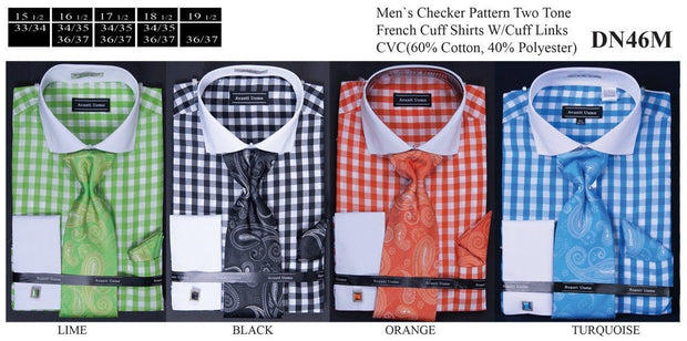 Men's Classic Checkered Dress Shirts with Tie, Hanky, Cufflinks-Men's Dress Shirts-ABC Fashion
