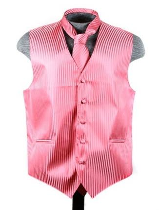 Men's Coral Pink Striped Vest with Neck Tie-Men's Vests-ABC Fashion