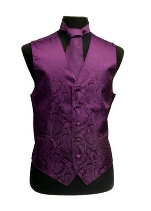 Men's Eggplant Paisley Vest with Neck Tie-Men's Vests-ABC Fashion