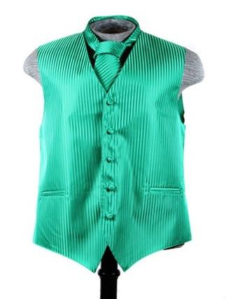Men's Emerald Green Striped Vest with Neck Tie-Men's Vests-ABC Fashion