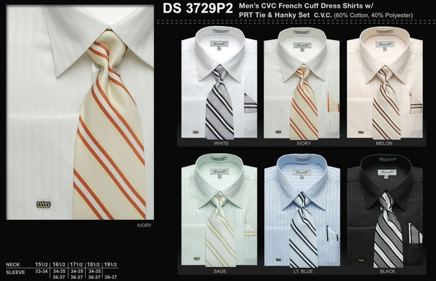 Men's French Cuff Dress Shirts with Striped Tie and Hanky-Men's Dress Shirts-ABC Fashion