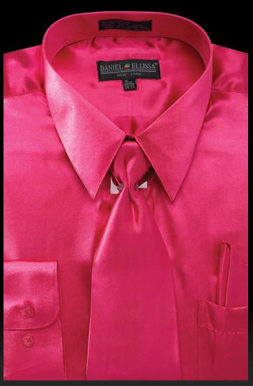 Men's Fuchsia Satin Dress Shirt with Tie & Handkerchief-Men's Dress Shirts-ABC Fashion