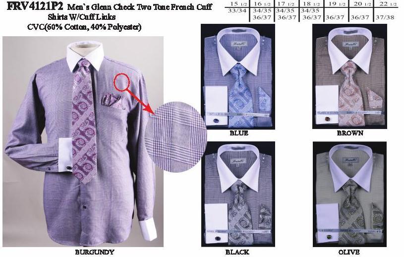 Men's Glen Checkered Dress Shirts with Tie, Hanky, Cufflinks-Men's Dress Shirts-ABC Fashion