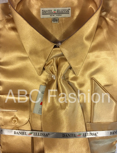 Men's Gold Taupe Satin Dress Shirt with Tie & Handkerchief-Men's Dress Shirts-ABC Fashion