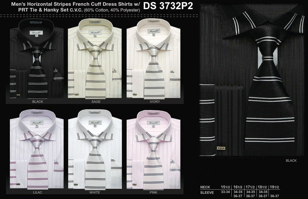 Men's Horizontal Stripes Dress Shirts with Tie and Hanky-Men's Dress Shirts-ABC Fashion