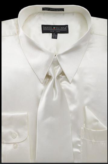Men's Ivory Satin Dress Shirt with Tie & Handkerchief-Men's Dress Shirts-ABC Fashion