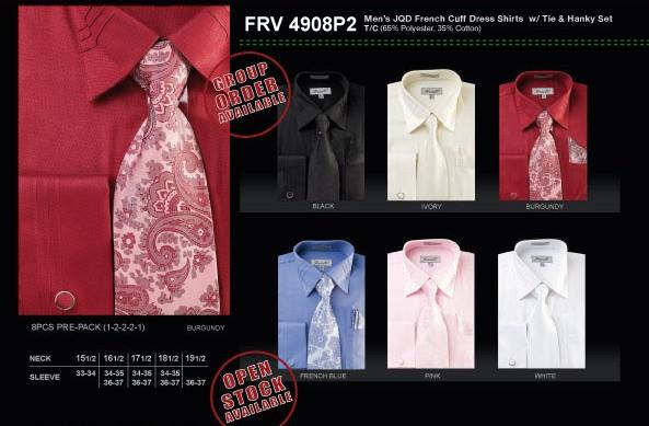 Men's JQD French Cuff Shirts with Tie and Hanky-Men's Formal Wear-ABC Fashion