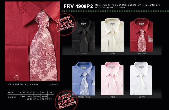 Men's JQD French Cuff Shirts with Tie and Hanky-Men's Formal Wear-ABC Fashion