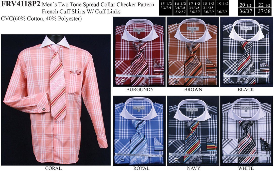Men's Large Checkered Dress Shirts with Tie, Hanky, Cufflinks-Men's Dress Shirts-ABC Fashion