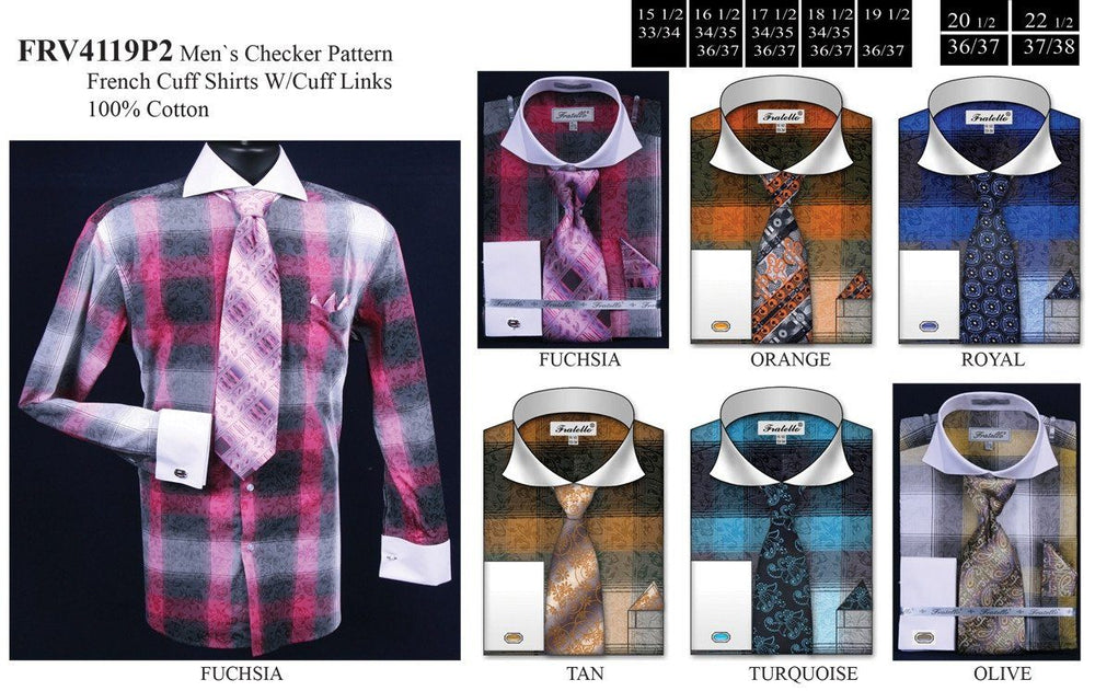 Men's Large Plaid Pattern Dress Shirts with Tie, Hanky, Cufflinks-Men's Dress Shirts-ABC Fashion