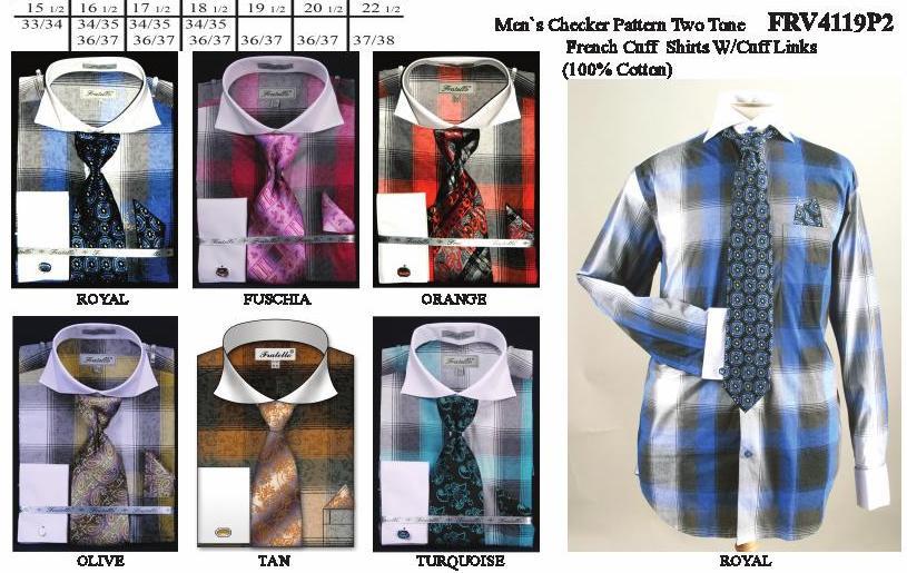 Men's Large Plaid Pattern Dress Shirts with Tie, Hanky, Cufflinks-Men's Dress Shirts-ABC Fashion