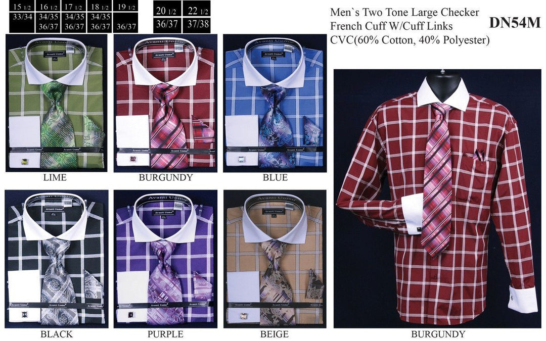 Men's Large Two Tone Checkered Dress Shirts with Tie, Hanky, Cufflinks-Men's Dress Shirts-ABC Fashion