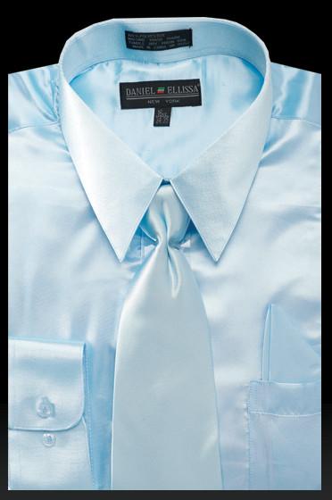 Men's Light Blue Satin Dress Shirt with Tie & Handkerchief-Men's Dress Shirts-ABC Fashion