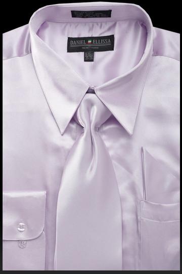 Men's Lilac Satin Dress Shirt with Tie & Handkerchief-Men's Dress Shirts-ABC Fashion