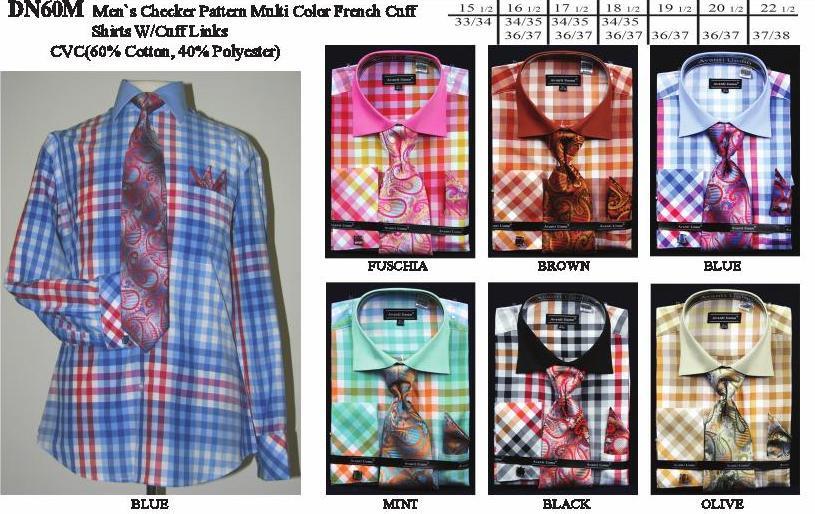 Men's Multi-Color Checkered Dress Shirts with Tie, Hanky, Cufflinks-Men's Dress Shirts-ABC Fashion