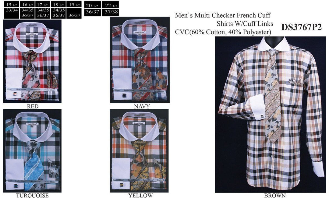 Men's Multi Colored Checkered Dress Shirts with Tie, Hanky, Cufflinks-Men's Dress Shirts-ABC Fashion