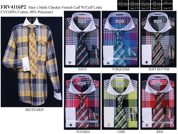 Men's Multi Colored Plaid Dress Shirts with Tie, Hanky, Cufflinks-Men's Dress Shirts-ABC Fashion