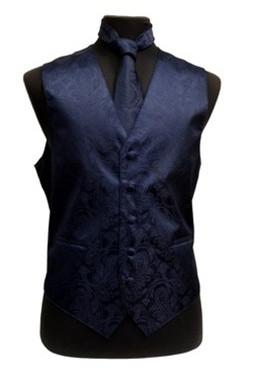 Men's Navy Blue Paisley Vest with Neck Tie-Men's Vests-ABC Fashion