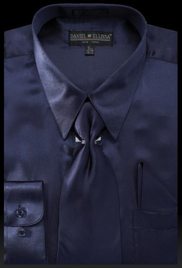 Men's Navy Blue Satin Dress Shirt with Tie & Handkerchief-Men's Dress Shirts-ABC Fashion