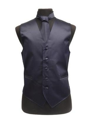 Men's Navy Blue Satin Vest with Neck Tie-Men's Vests-ABC Fashion