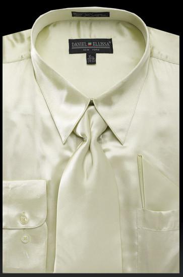 Men s Olive Green Satin Dress Shirt with Tie Handkerchief ABC