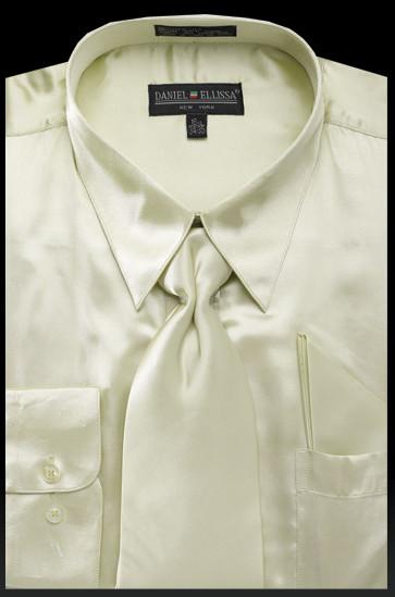 Men's Olive Green Satin Dress Shirt with Tie & Handkerchief-Men's Dress Shirts-ABC Fashion