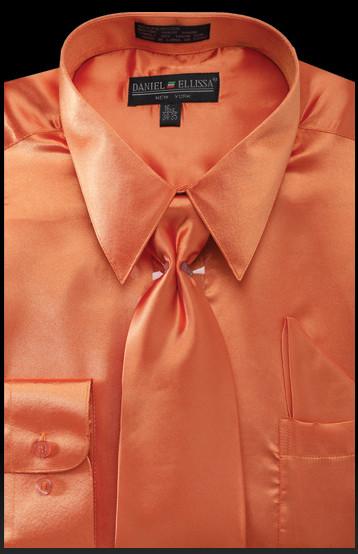 Men's Orange Satin Dress Shirt with Tie & Handkerchief-Men's Dress Shirts-ABC Fashion