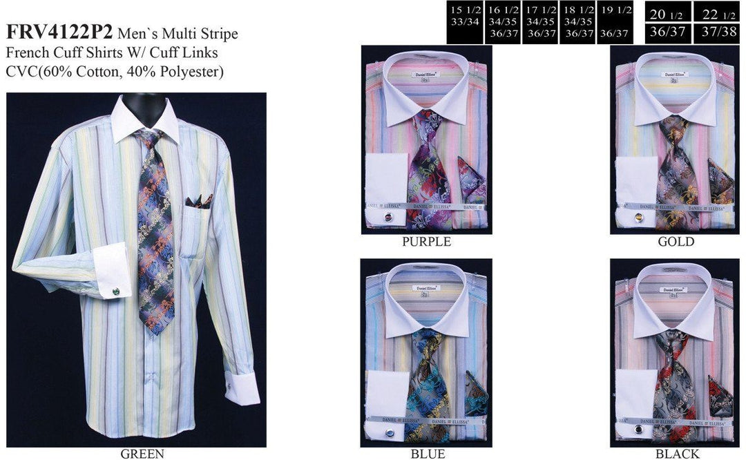 Men's Pastel Colored Striped Dress Shirts with Tie, Hanky, Cufflinks-Men's Dress Shirts-ABC Fashion