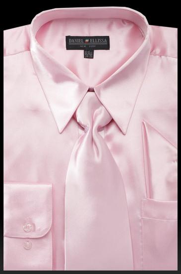 Men's Pink Satin Dress Shirt with Tie & Handkerchief-Men's Dress Shirts-ABC Fashion